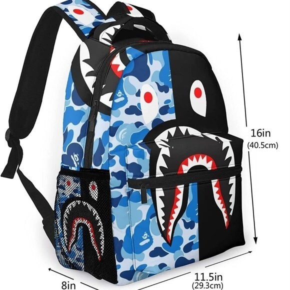NEW! Shark Teeth Camo Backpacks Laptop Daypack School Bags For Kids, Blue Black - Picture 3 of 10